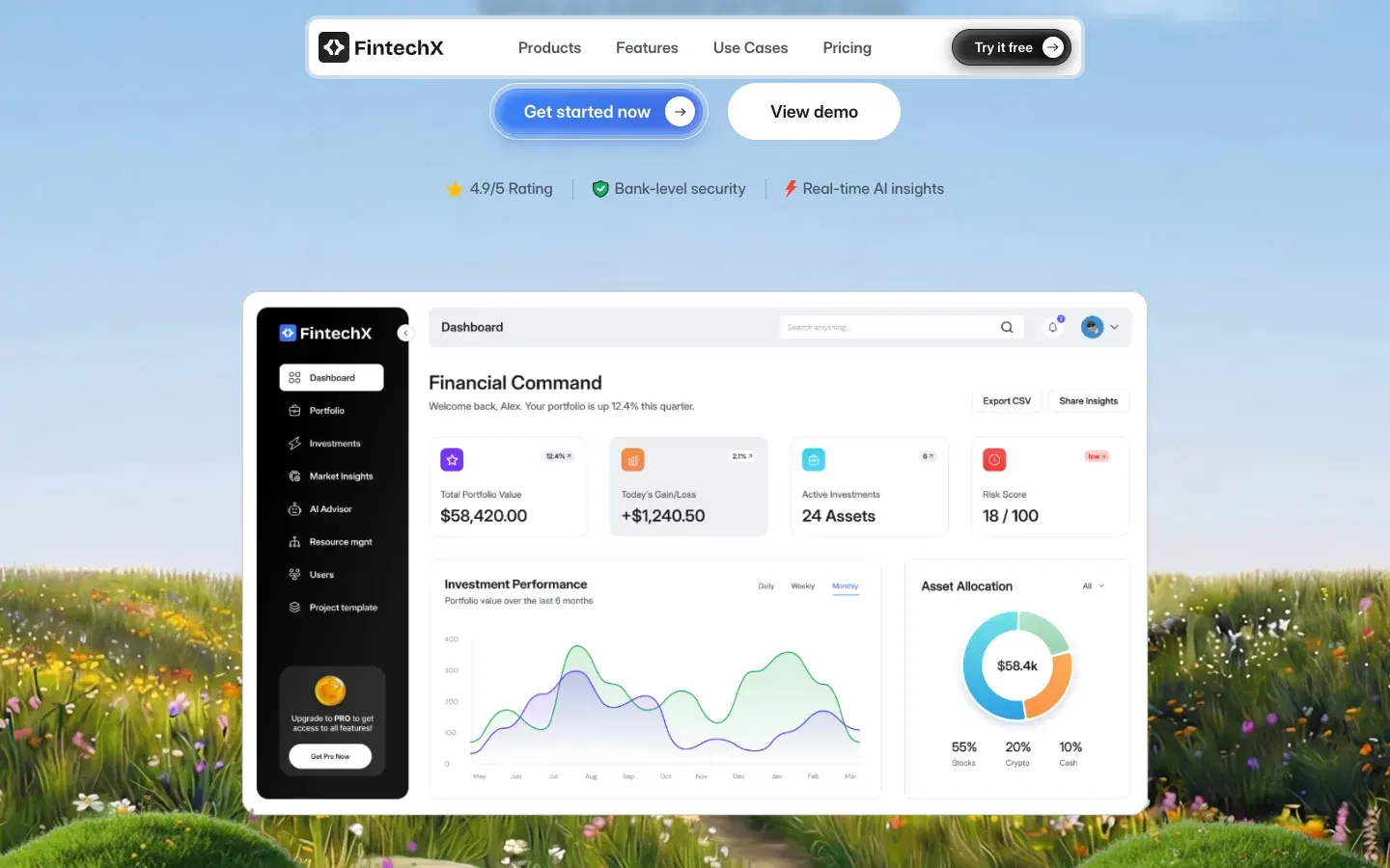 FintechX: Marketing site, 8 pages. Billing console, 31 screens.